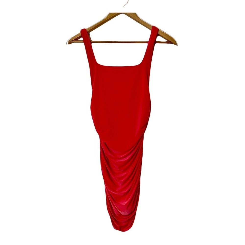 21 Saints Ruched Bodycon Midi Dress Square Neck Pink Coral S Party Chic Y2Kβ